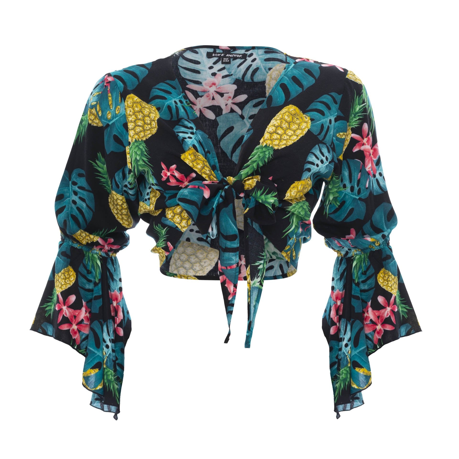 clothing wholesale, tops, wholesale, women wholesale Cropped Gypsy, Tropical, Eco Rayon, V Neck, Long Flounce Sleeve Top, Wholesale