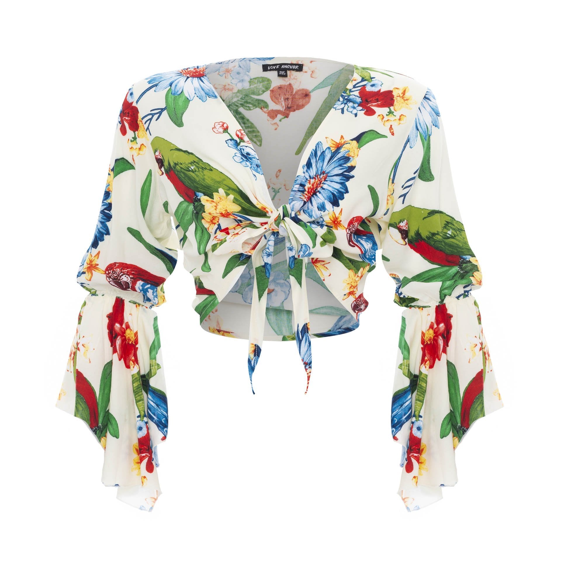 clothing wholesale, tops, wholesale, women wholesale Cropped Gypsy, Tropical, Eco Rayon, V Neck, Long Flounce Sleeve Top, Wholesale