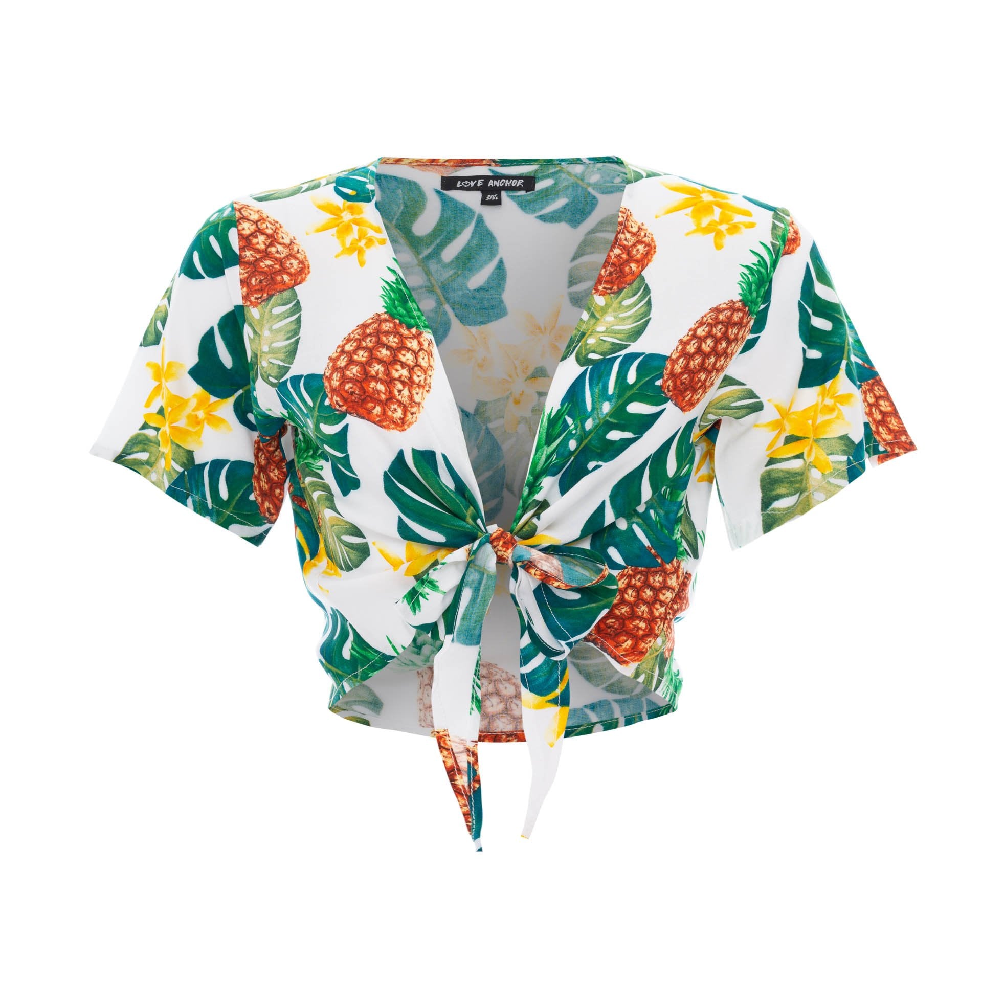 tops, womens Cropped Ikat, Tropical, Eco Rayon V Neck, Short Sleeve Tie Top