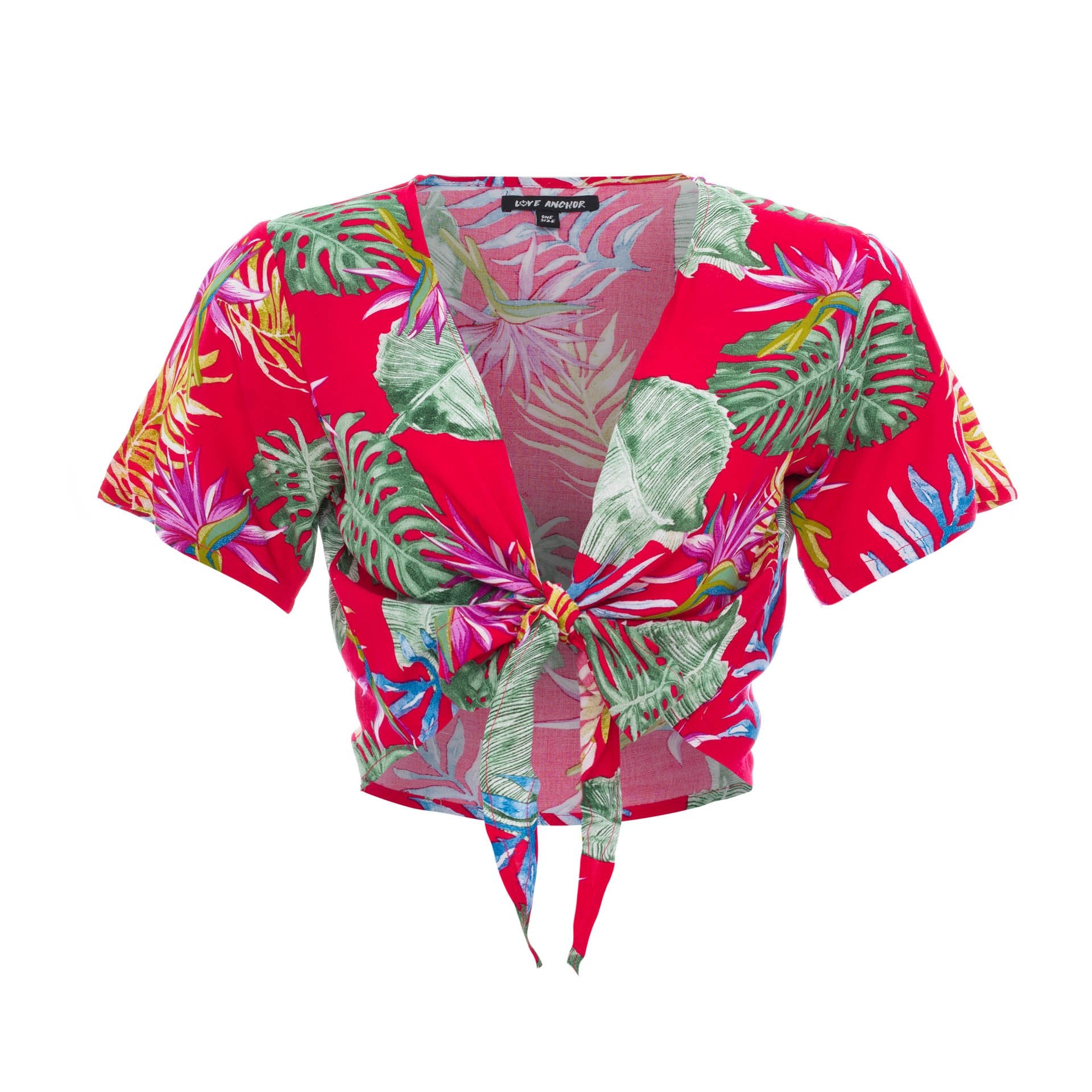 clothing wholesale, tops, wholesale, women wholesale Cropped Ikat, Tropical, Eco Rayon V Neck, Short Sleeve Tie Top, Wholesale