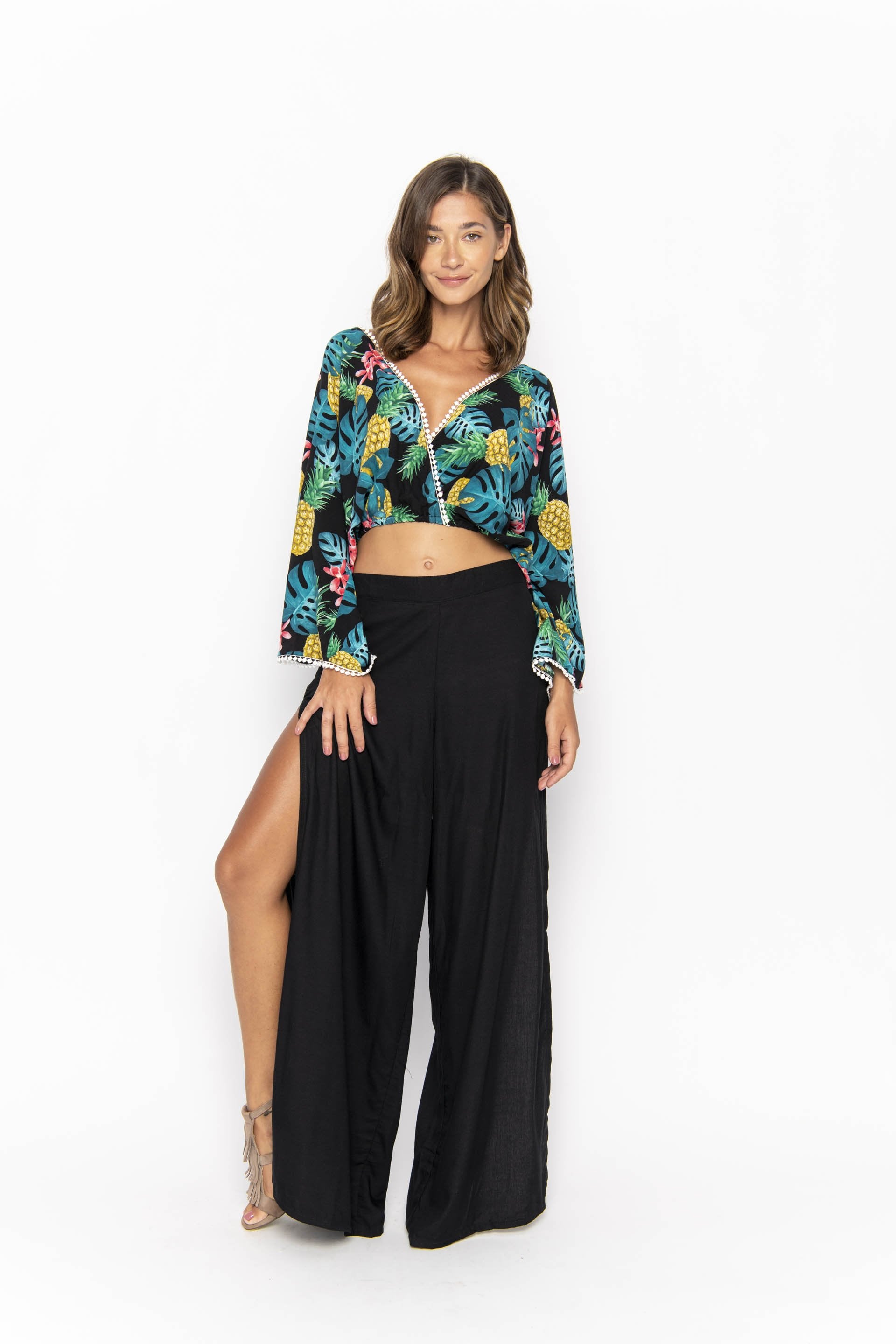 clothing wholesale, tops, wholesale, women wholesale Sakura, Tropical, Eco Rayon, Deep V Neck, Long Sleeved Crop Top, Wholesale