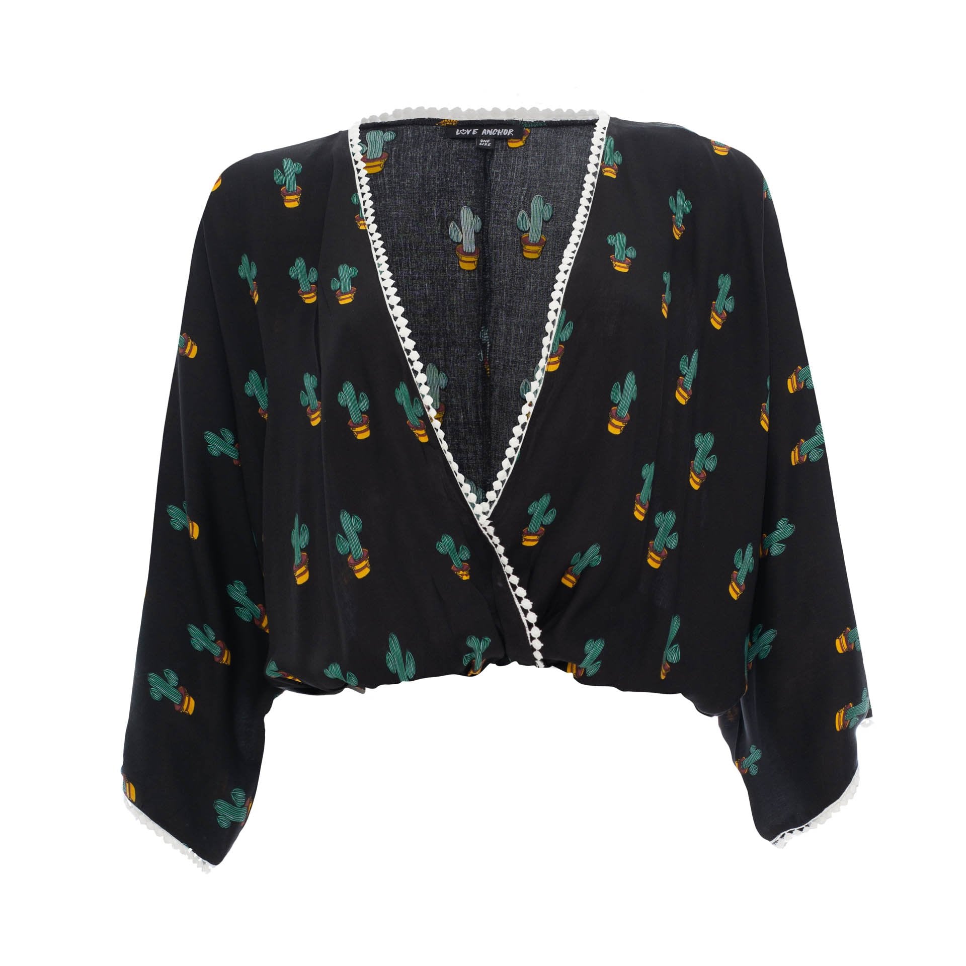 clothing wholesale, tops, wholesale, women wholesale Sakura, Tropical, Eco Rayon, Deep V Neck, Long Sleeved Crop Top, Wholesale