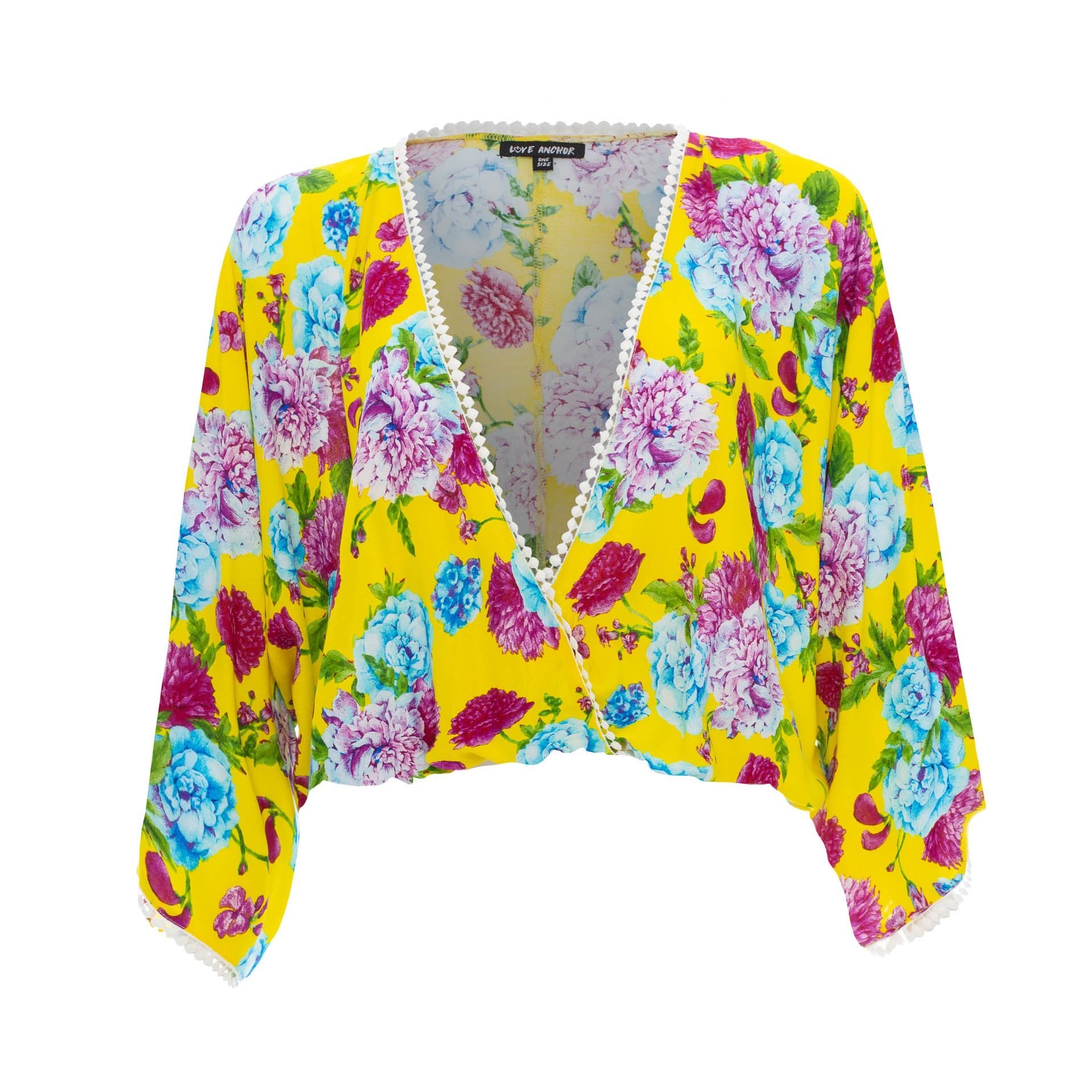 clothing wholesale, tops, wholesale, women wholesale Sakura, Tropical, Eco Rayon, Deep V Neck, Long Sleeved Crop Top, Wholesale