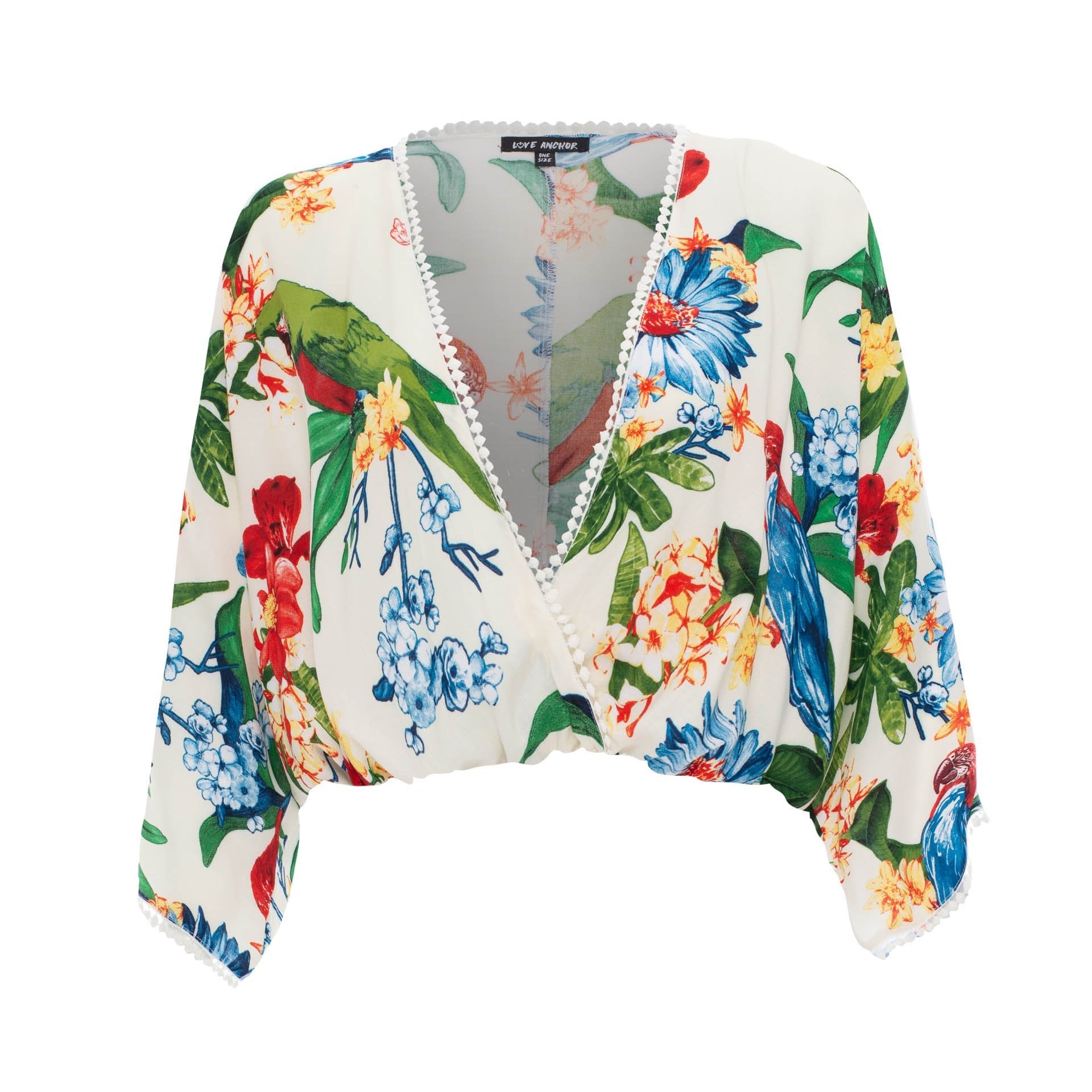 clothing wholesale, tops, wholesale, women wholesale Sakura, Tropical, Eco Rayon, Deep V Neck, Long Sleeved Crop Top, Wholesale