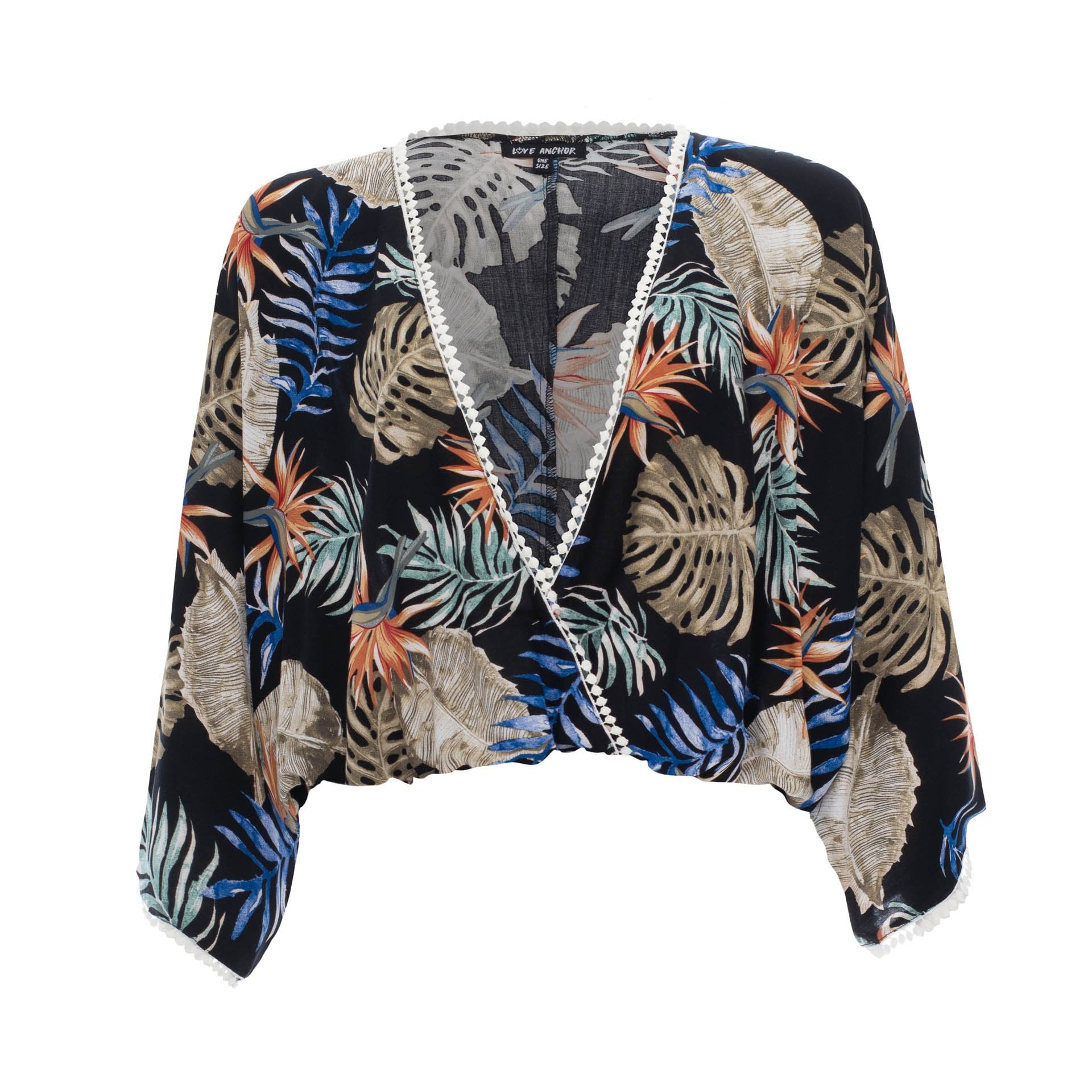 clothing wholesale, tops, wholesale, women wholesale Sakura, Tropical, Eco Rayon, Deep V Neck, Long Sleeved Crop Top, Wholesale