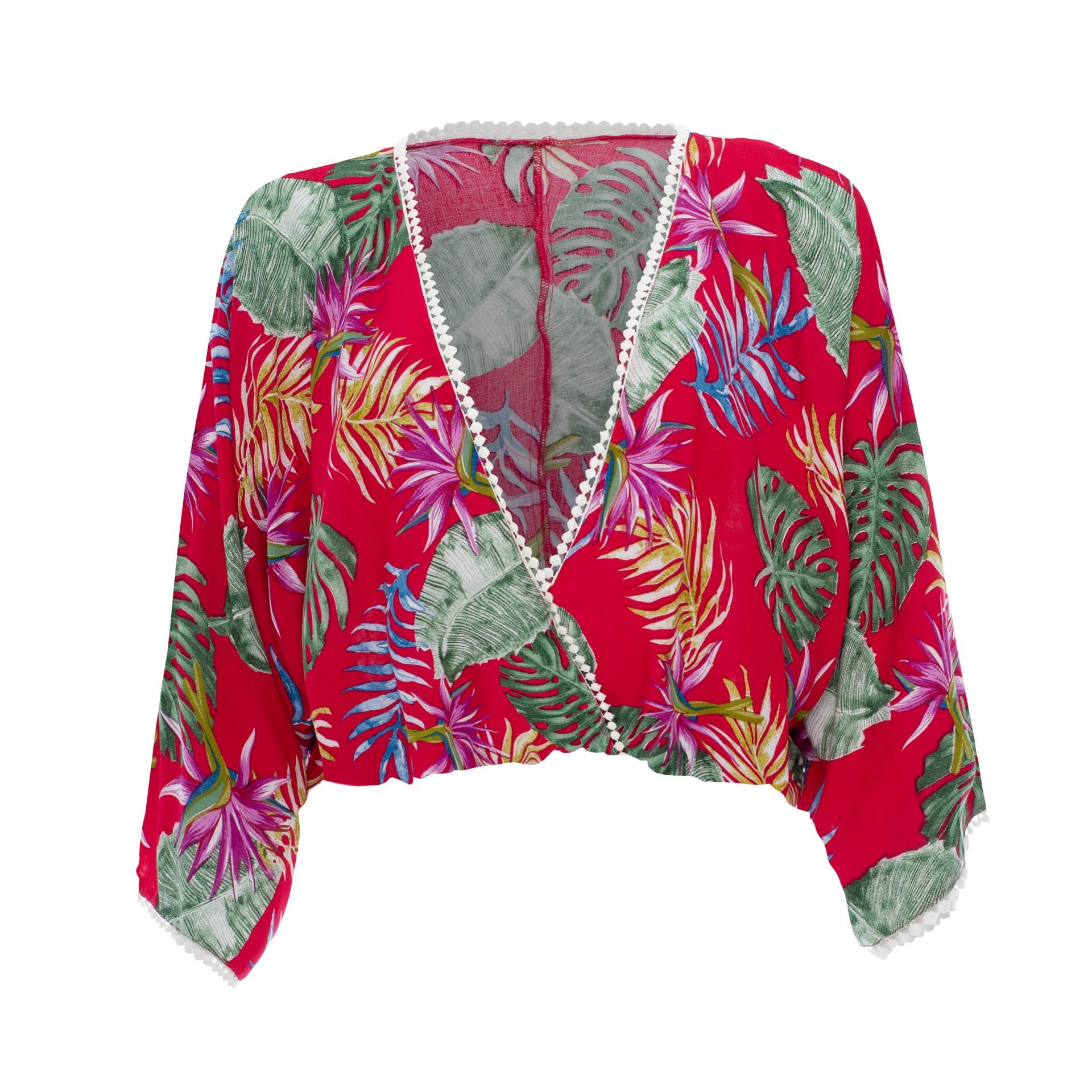 clothing wholesale, tops, wholesale, women wholesale Sakura, Tropical, Eco Rayon, Deep V Neck, Long Sleeved Crop Top, Wholesale