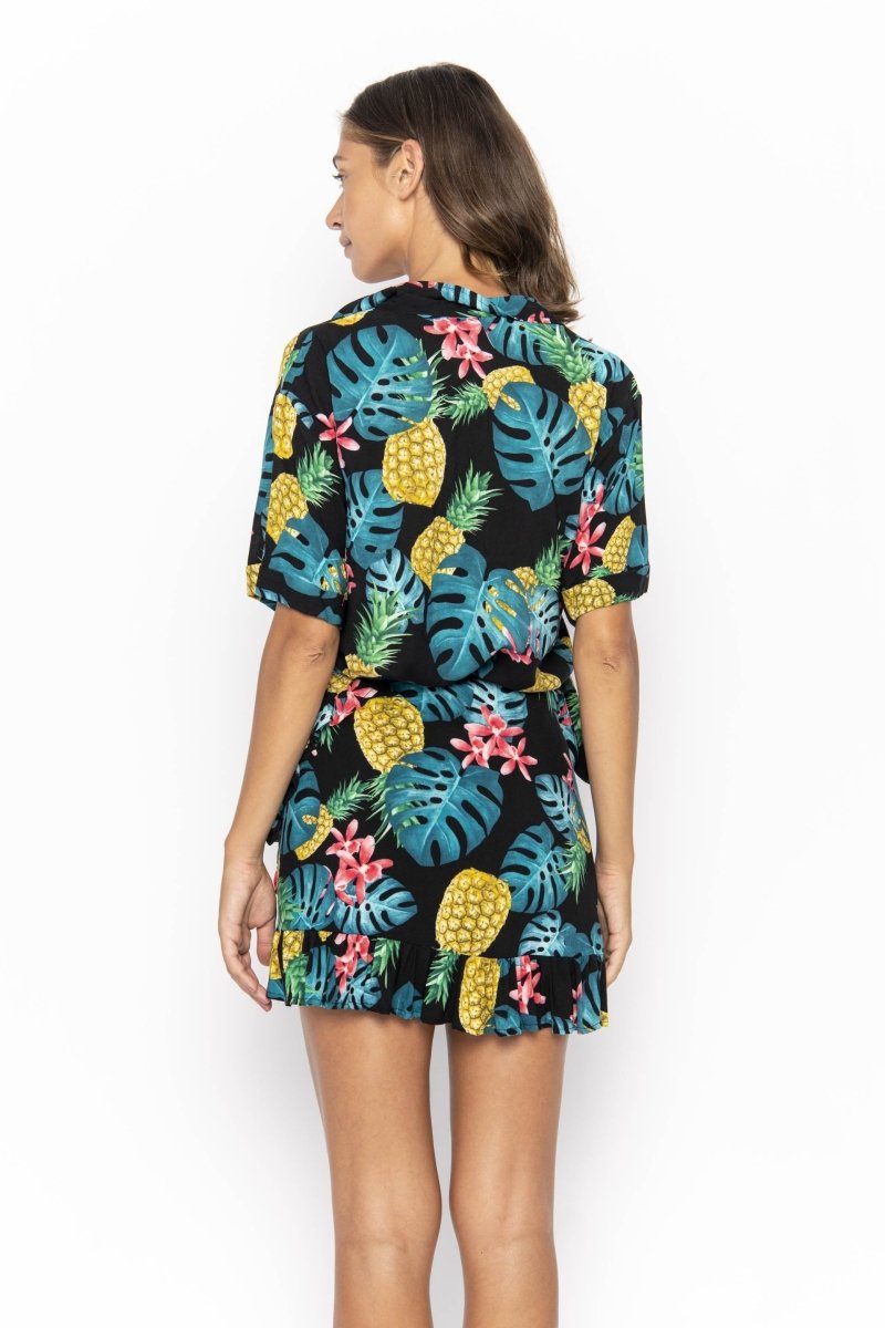 Women's Short Sleeve Shirt, Tropical Ananas Black - Love Anchor Bali