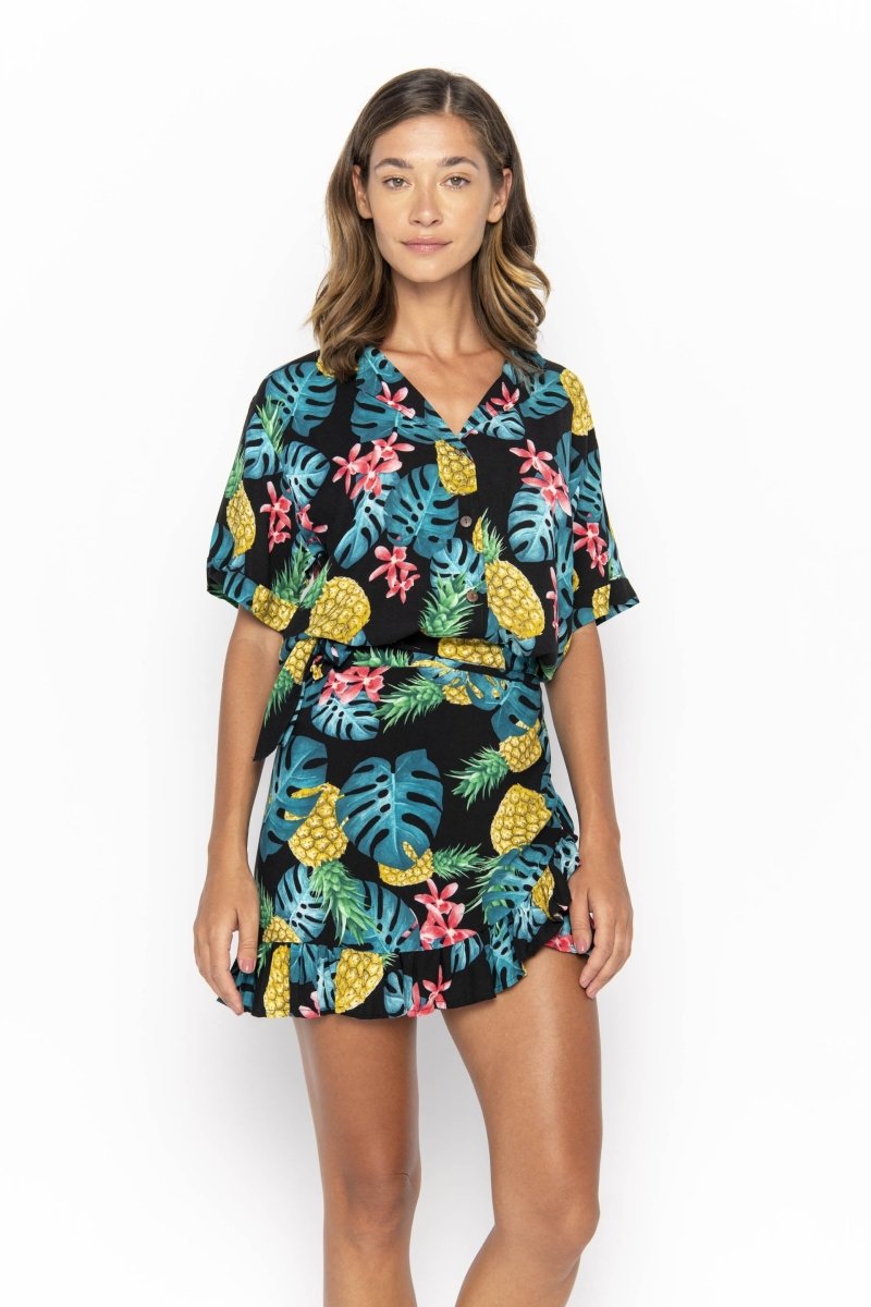 Women's Short Sleeve Shirt, Tropical Ananas Black - Love Anchor Bali