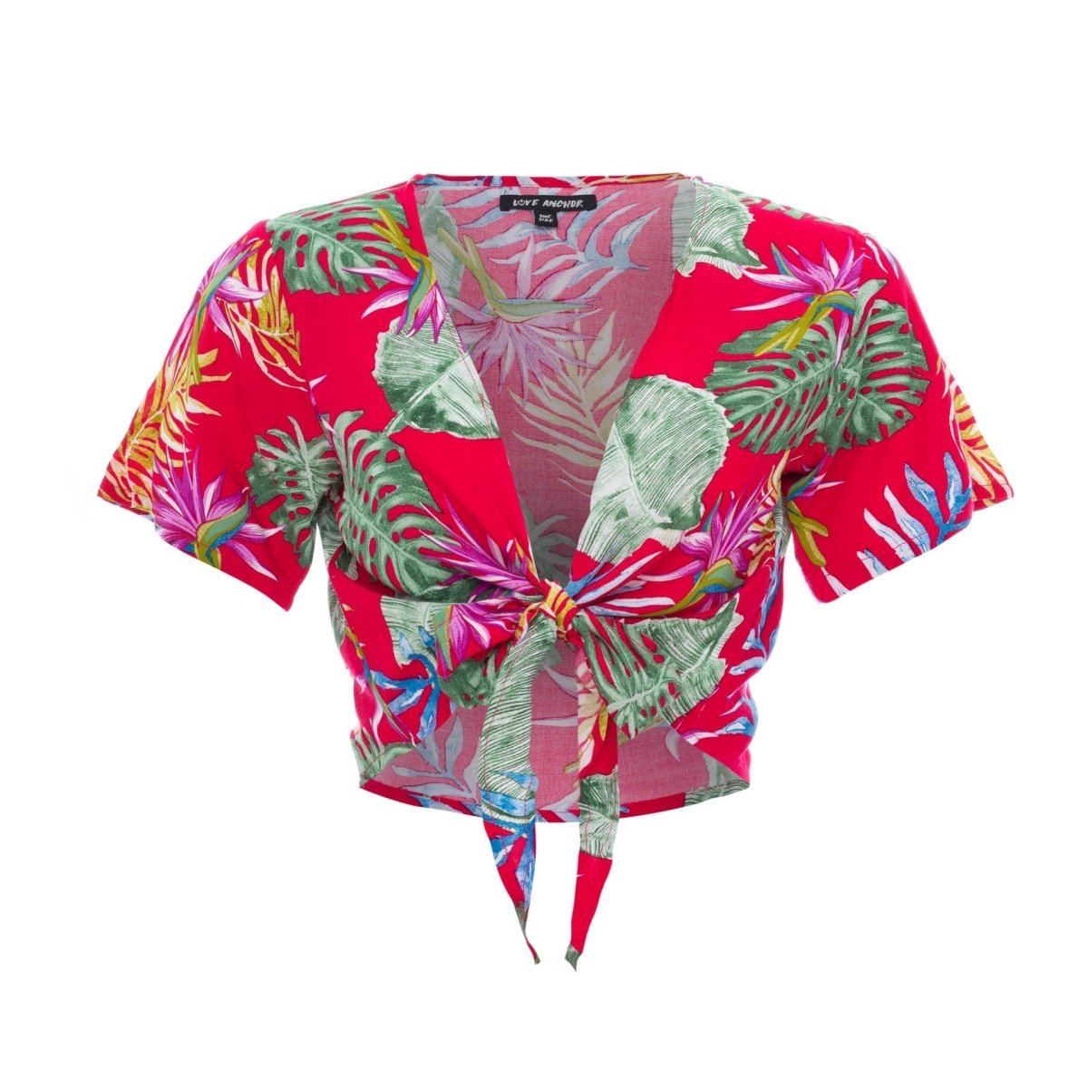 Cropped Ikat, Tropical, V Neck, Short Sleeve Tie Top, Wholesale - Love Anchor Bali