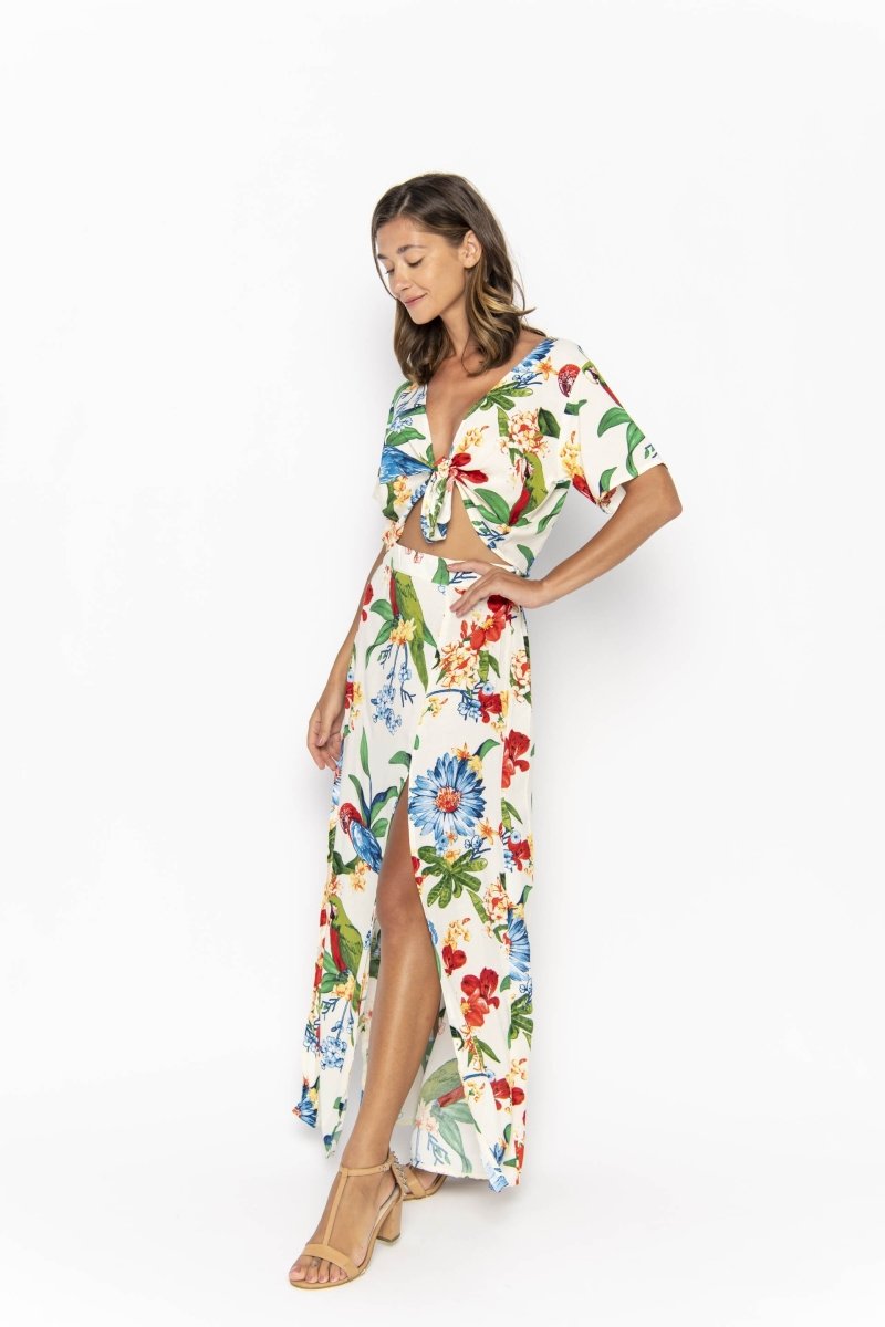 Cropped Ikat, Tropical, V Neck, Short Sleeve Tie Top, Wholesale - Love Anchor Bali