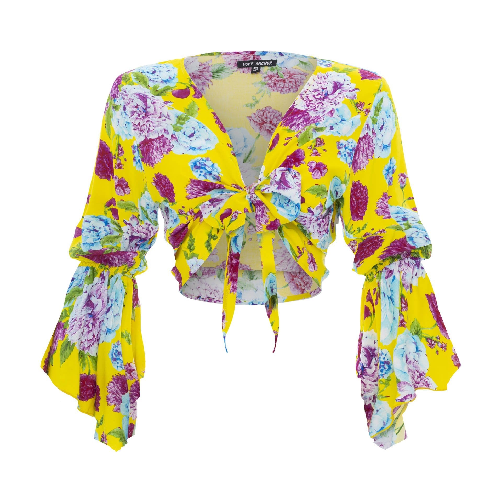clothing wholesale, tops, wholesale, women wholesale Cropped Gypsy, Tropical, Eco Rayon, V Neck, Long Flounce Sleeve Top, Wholesale