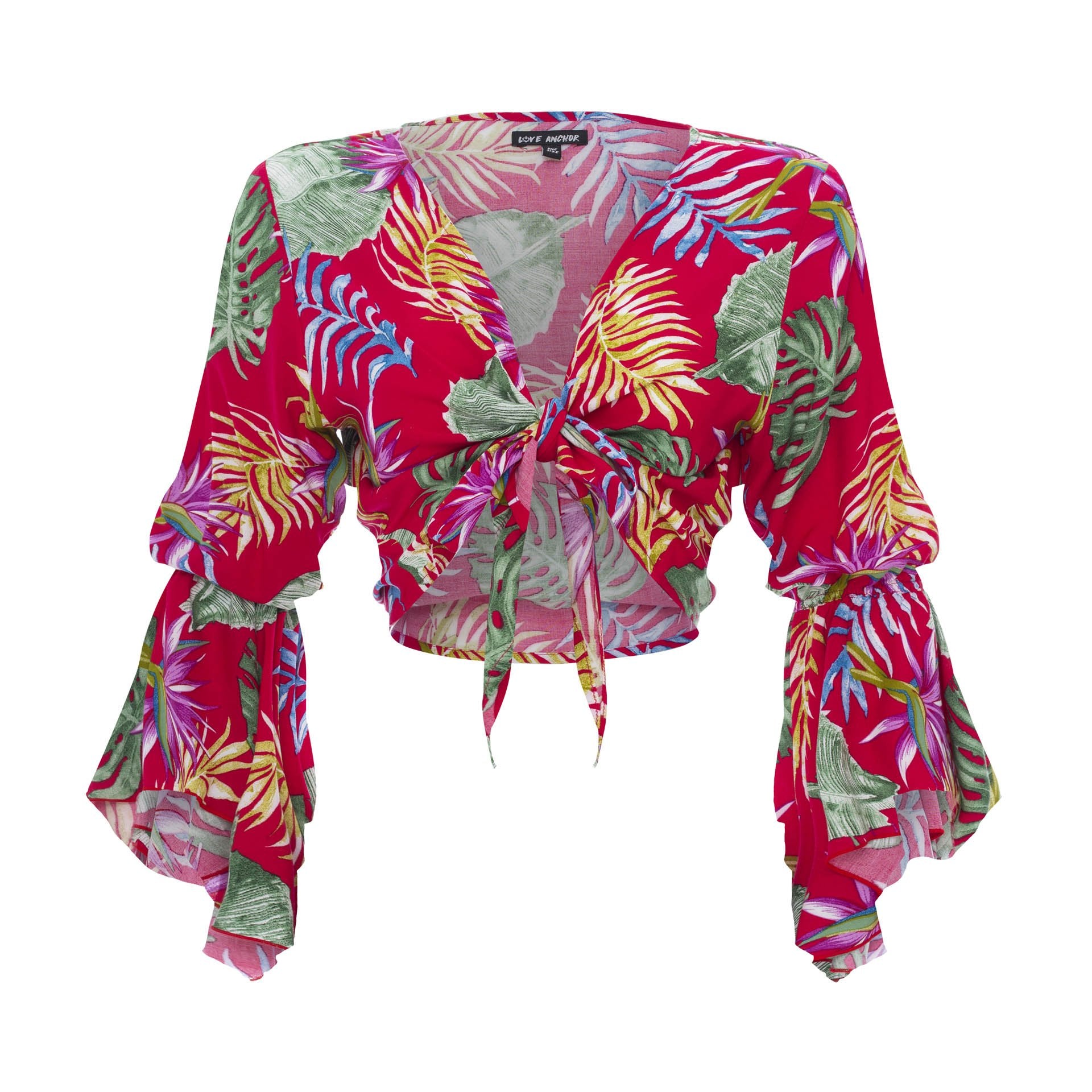 clothing wholesale, tops, wholesale, women wholesale Cropped Gypsy, Tropical, Eco Rayon, V Neck, Long Flounce Sleeve Top, Wholesale
