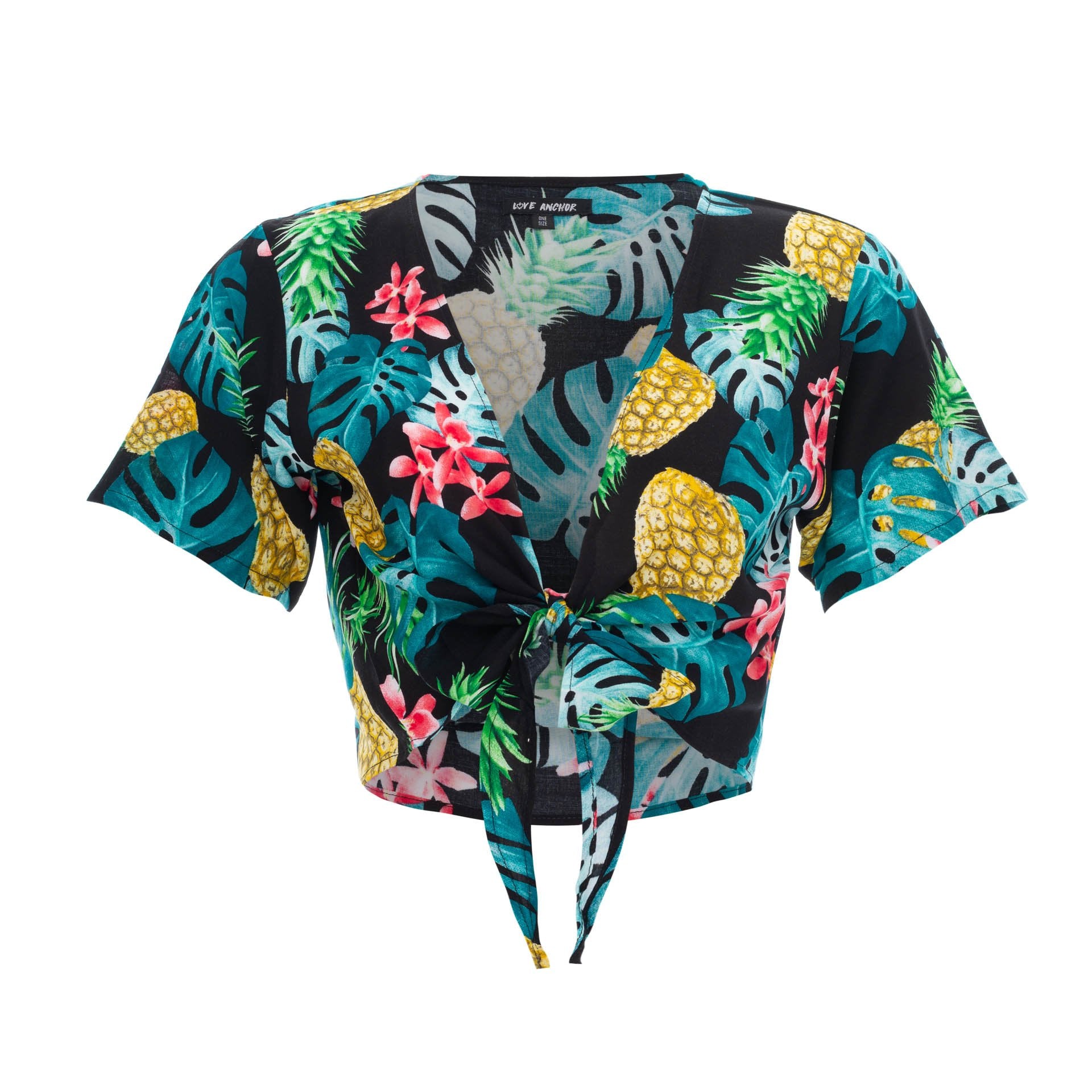 clothing wholesale, tops, wholesale, women wholesale Cropped Ikat, Tropical, Eco Rayon V Neck, Short Sleeve Tie Top, Wholesale