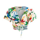 tops, womens Cropped Ikat, Tropical, Eco Rayon V Neck, Short Sleeve Tie Top
