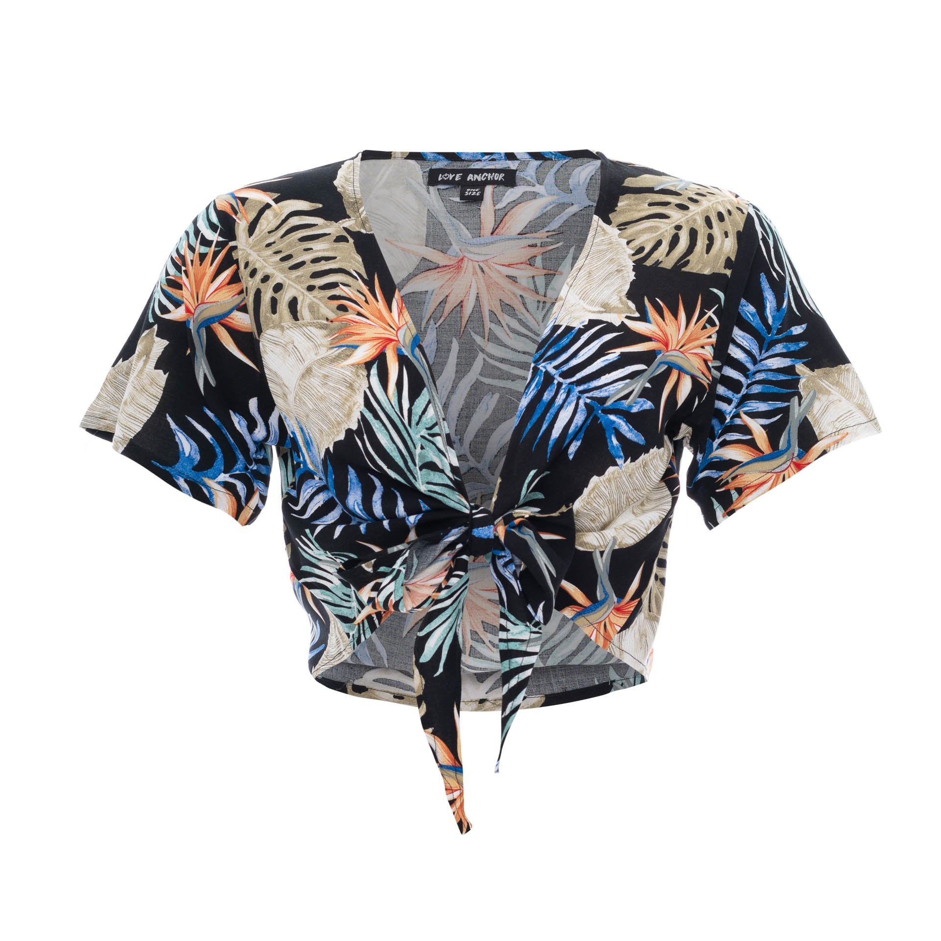 clothing wholesale, tops, wholesale, women wholesale Cropped Ikat, Tropical, Eco Rayon V Neck, Short Sleeve Tie Top, Wholesale
