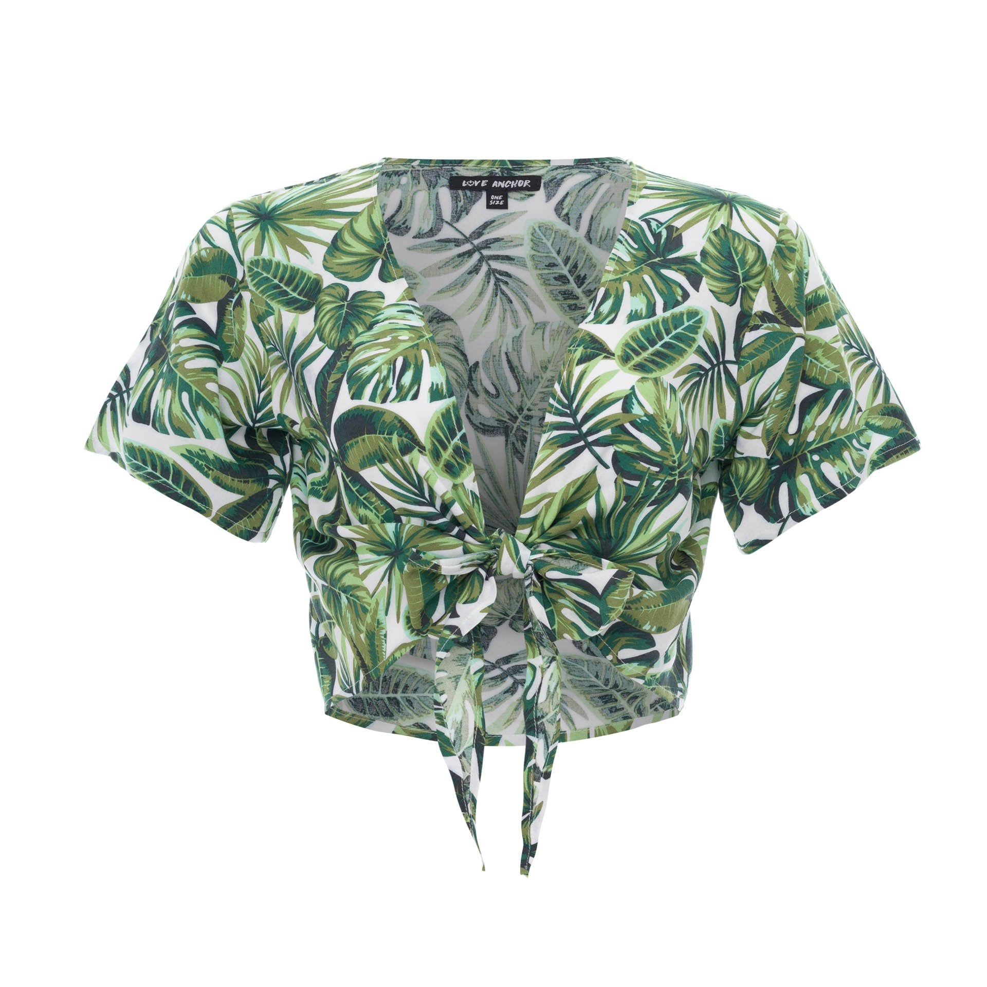 tops, womens Cropped Ikat, Tropical, Eco Rayon V Neck, Short Sleeve Tie Top