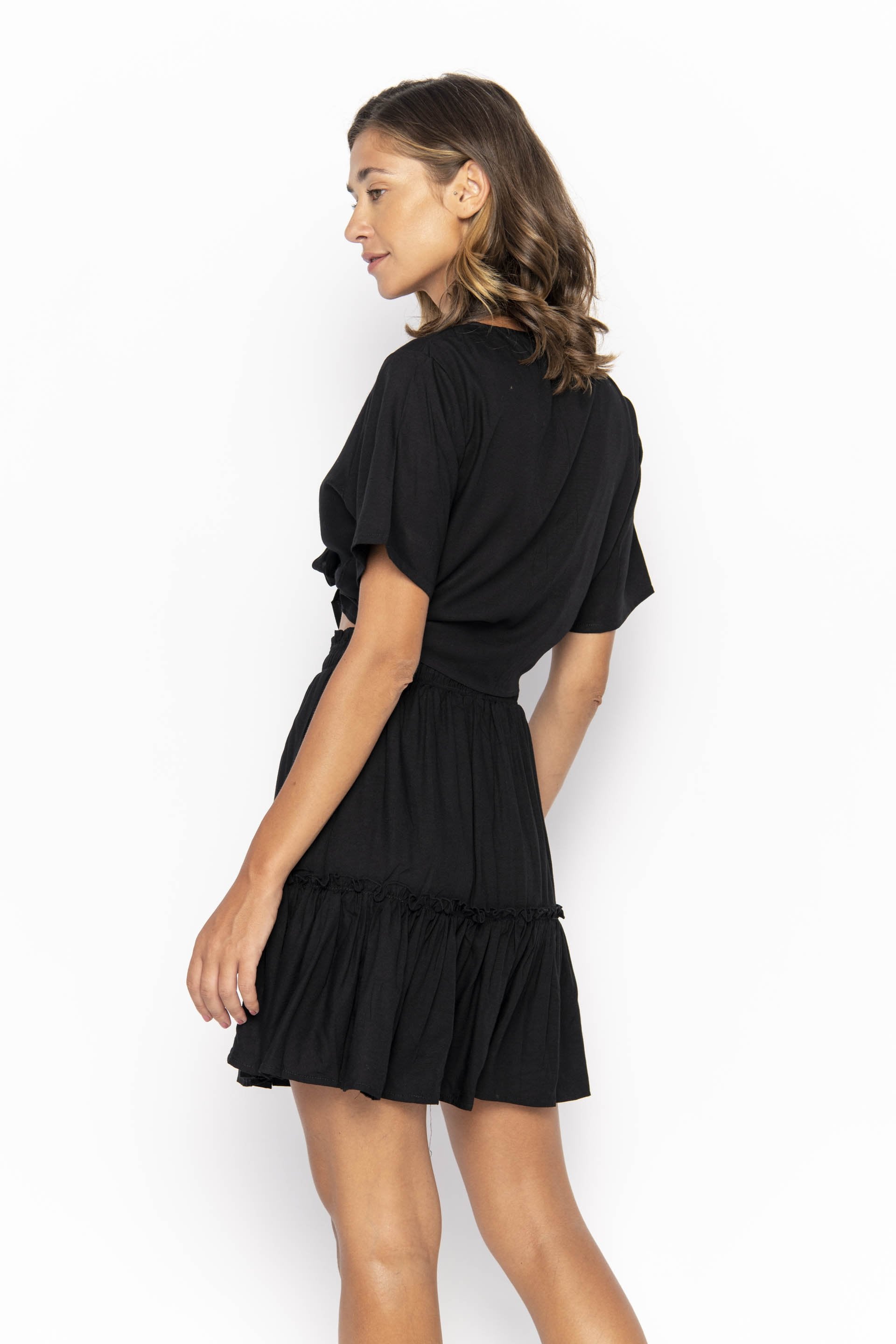 clothing wholesale, tops, wholesale, women wholesale Cropped Ikat, Plain, Eco Rayon V Neck, Short Sleeve Tie Top, Wholesale