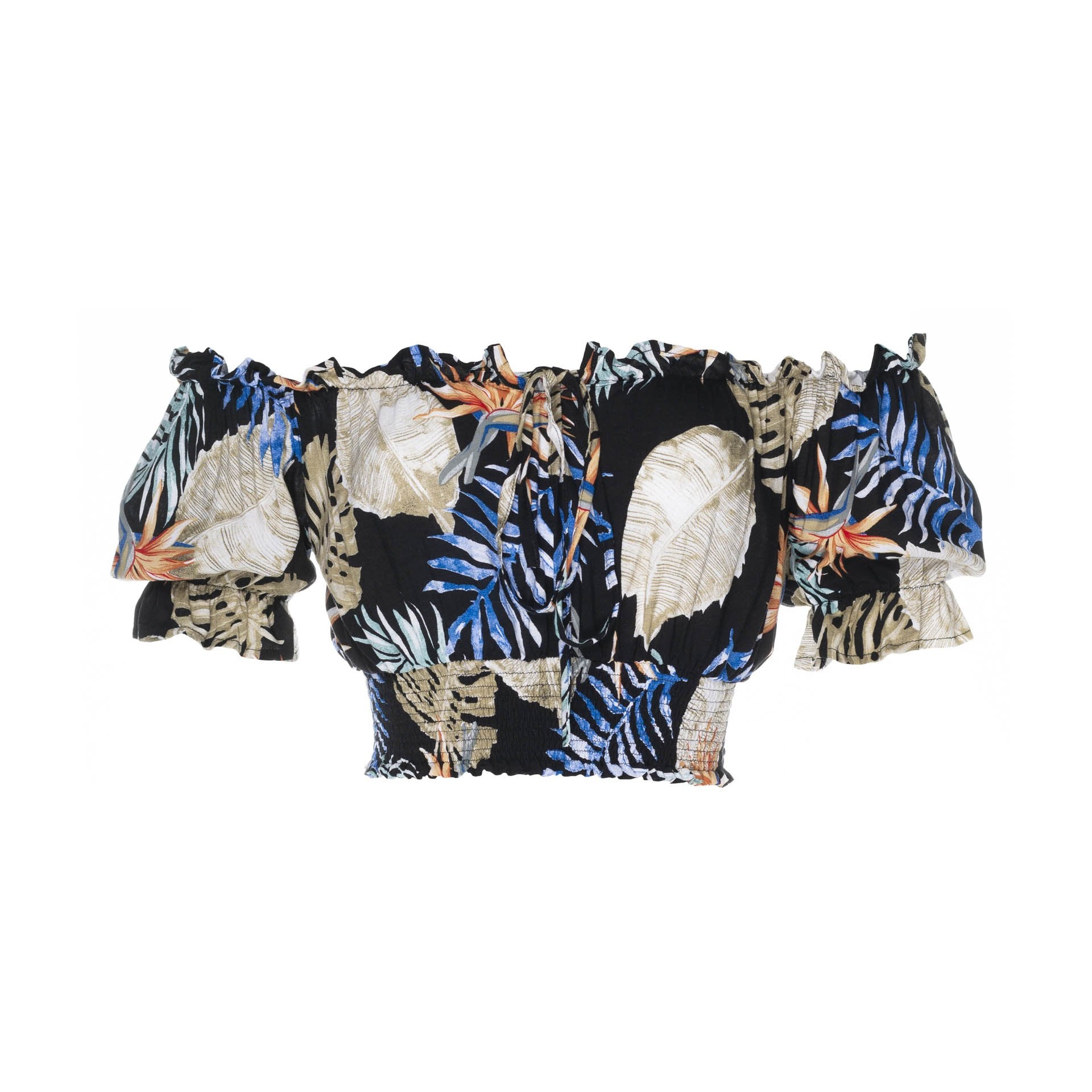 clothing wholesale, tops, wholesale, women wholesale Cropped March, Tropical, Eco Rayon, Off  The Shoulder, Short Sleeved Top, Wholesale