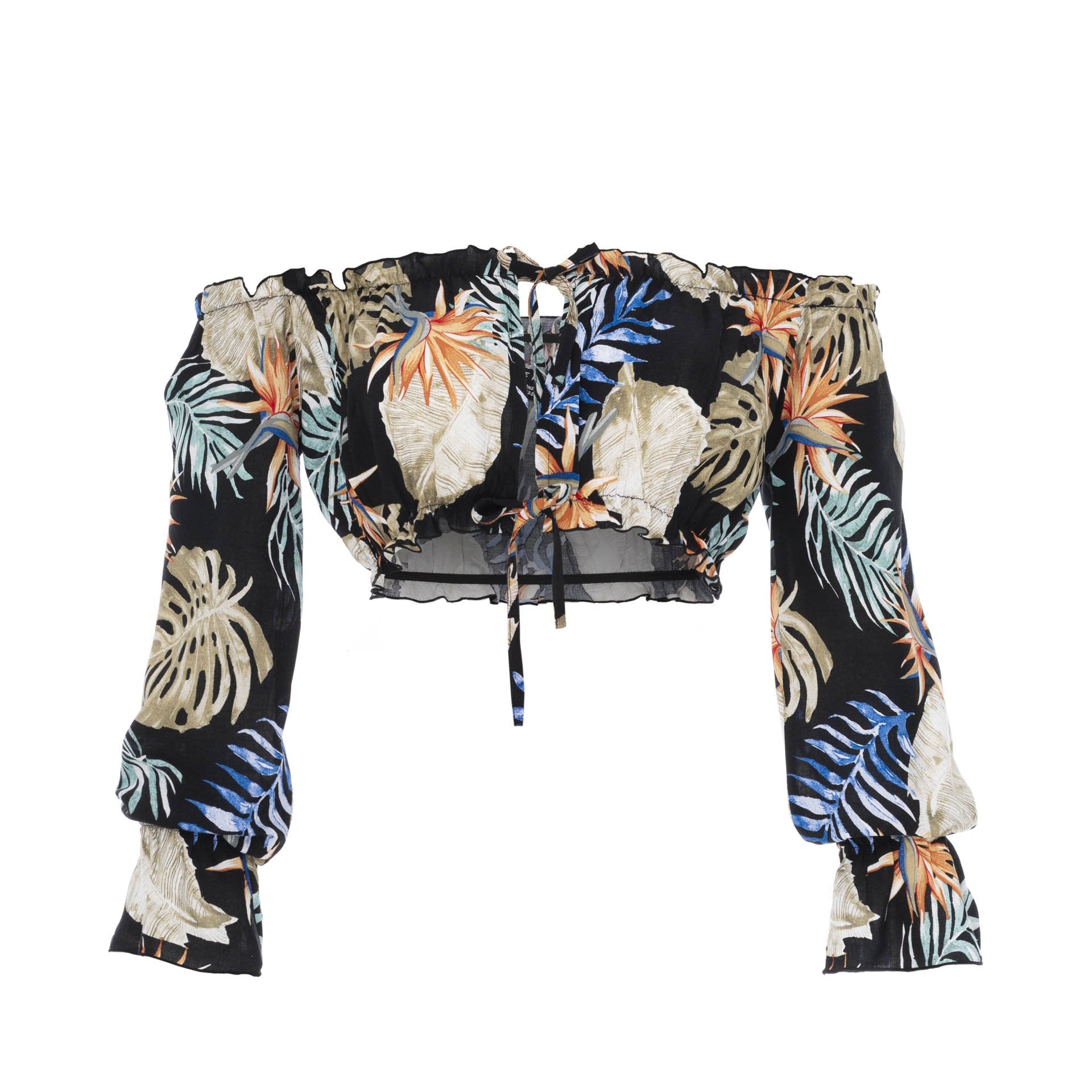 clothing wholesale, tops, wholesale, women wholesale Cropped Sabrina, Tropical, Eco Rayon Long Sleeved Top, Wholesale