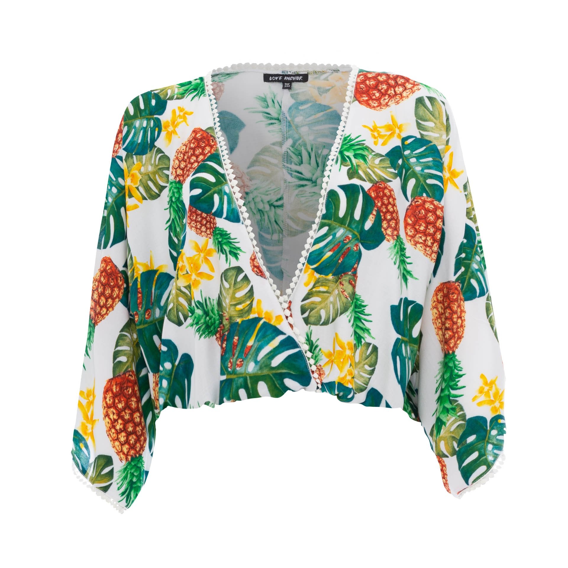 clothing wholesale, tops, wholesale, women wholesale Sakura, Tropical, Eco Rayon, Deep V Neck, Long Sleeved Crop Top, Wholesale