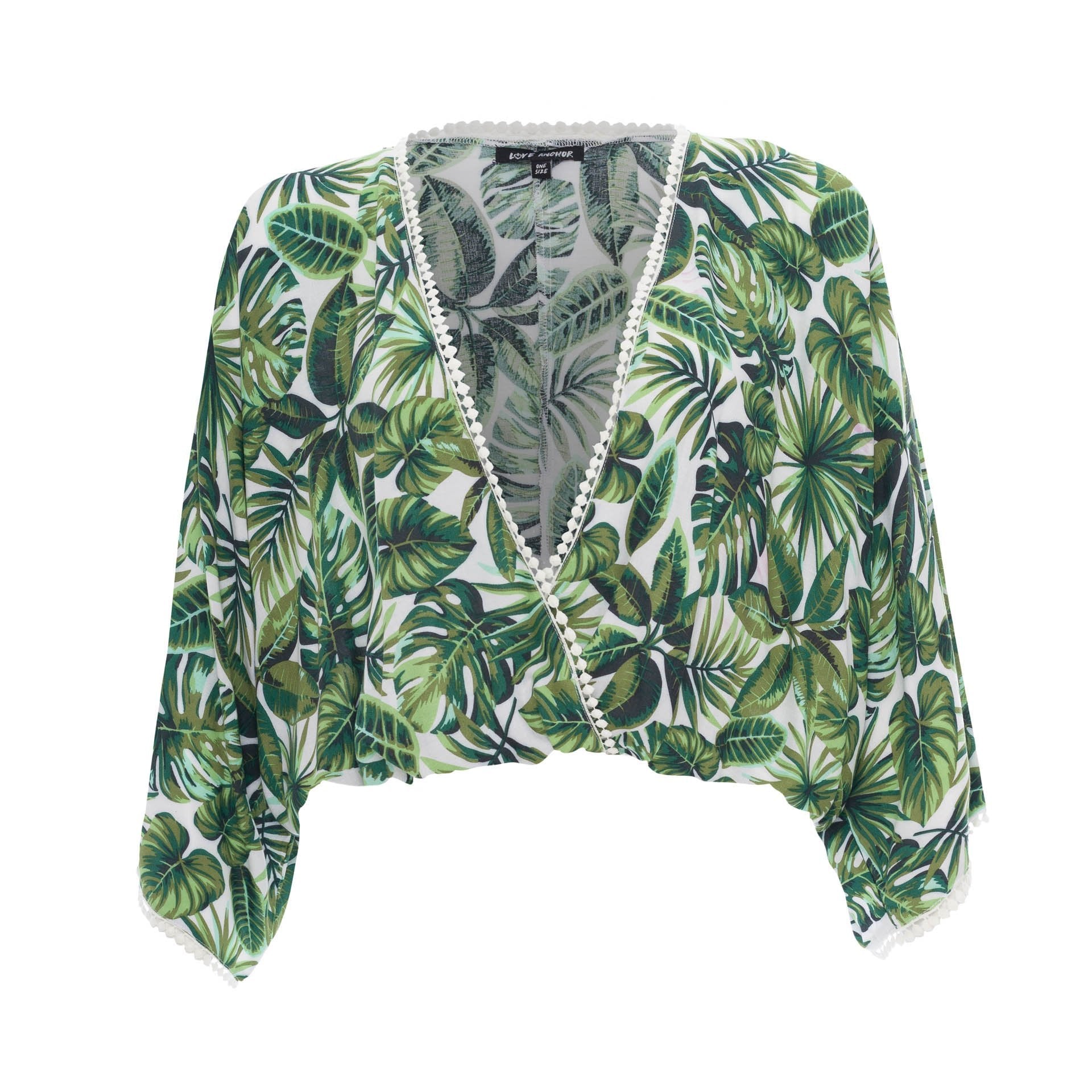 clothing wholesale, tops, wholesale, women wholesale Sakura, Tropical, Eco Rayon, Deep V Neck, Long Sleeved Crop Top, Wholesale